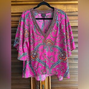 Nicole Miller V-Neck Flutter Sleeve Pink Paisley Blouse Size X-Small